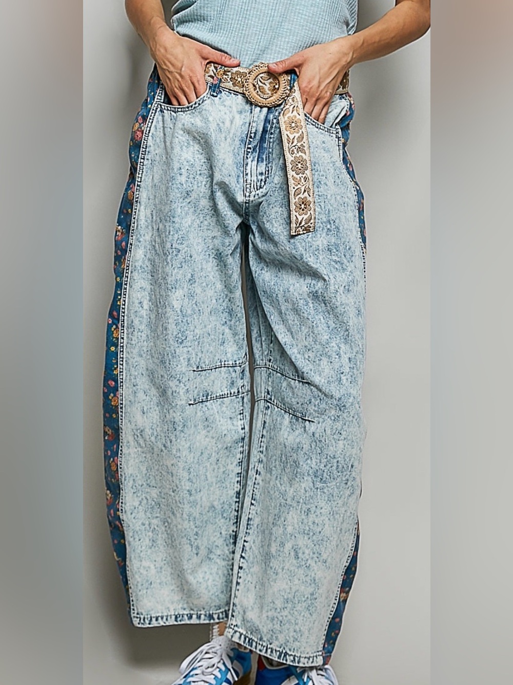 POL acid-wash wide-leg denim pants floral side panels relaxed barrel fit Jean L